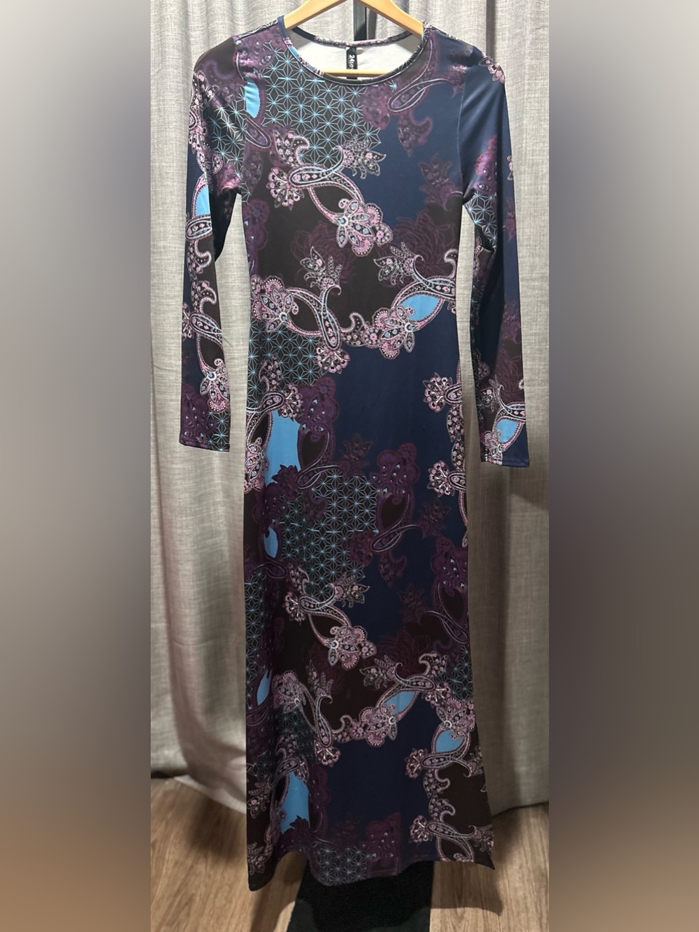 Seven7 Navy Blue, Purple & Light Blue Long Sleeve Printed Maxi Dress